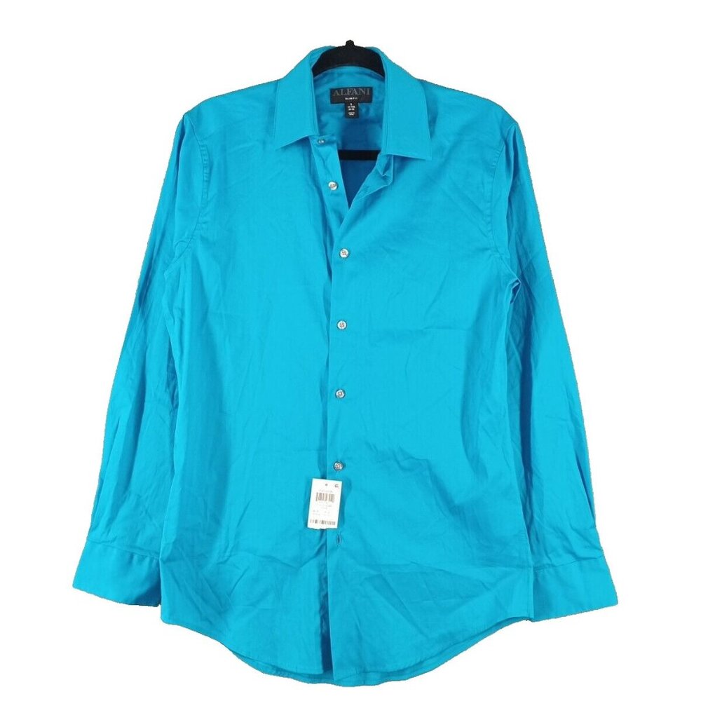 NWT ALFANI Slim Fit Men Shirt SMALL Turquoise Cotton Blend Woven